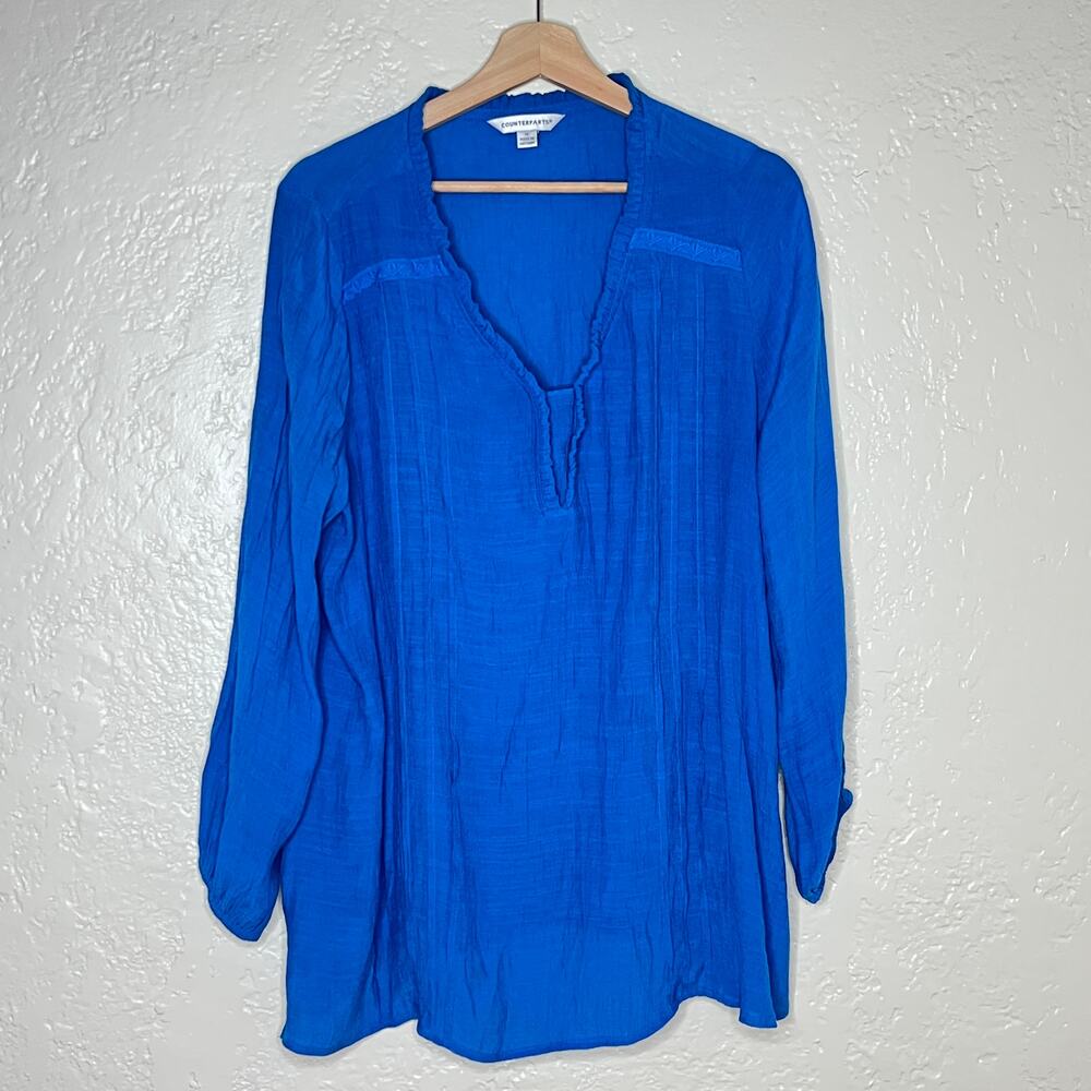 Counterparts Ruffle V Neck Blouse Romantic Career Women Blue 1X - Picture 1 of 7